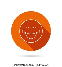 Smile icon. Positive happy face sign. Happiness and cheerful symbol. Round orange web button with shadow.
