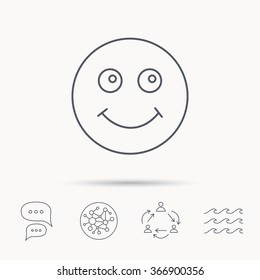 Smile icon. Positive happy face sign. Happiness and cheerful symbol. Global connect network, ocean wave and chat dialog icons. Teamwork symbol.
