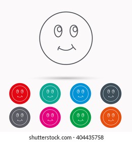 Smile icon. Positive happy face sign. Happiness and cheerful symbol. Linear icons in circles on white background.