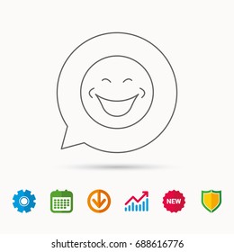 Smile icon. Positive happy face sign. Happiness and cheerful symbol. Calendar, Graph chart and Cogwheel signs. Download and Shield web icons. Vector