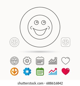 Smile icon. Positive happy face sign. Happiness and cheerful symbol. Calendar, Graph chart and Cogwheel signs. Download and Heart love linear web icons. Vector