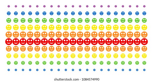 Smile icon rainbow colored halftone pattern. Vector pictograms organized into halftone array with vertical spectral gradient. Constructed for backgrounds, covers,