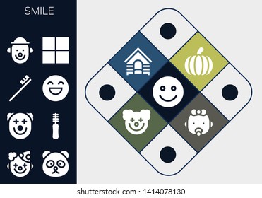 smile icon set. 13 filled smile icons.  Collection Of - Happy, Clown, Panda bear, Floss, Toothbrush, Delicious, Pumpkin, Dog, Baby