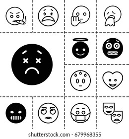 Smile icon. set of 13 filled and outline smile icons such as angry emot, upset emot, emoji angel, shocked emoji, heart face, emoji in mask