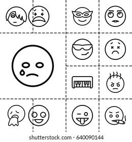 Smile icon. set of 13 outline smileicons such as piano toy, crazy emot, emoji in mask, crying emot