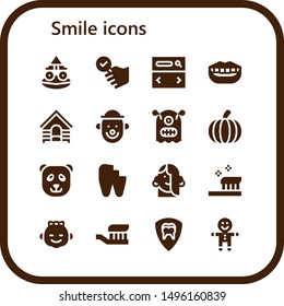 smile icon set. 16 filled smile icons.  Collection Of - Toad, Satisfied, Searcher, Smile, Dog, Clown, Monster, Pumpkin, Panda bear, Broken tooth, Girl, Toothbrush, Dental, Gingerbread