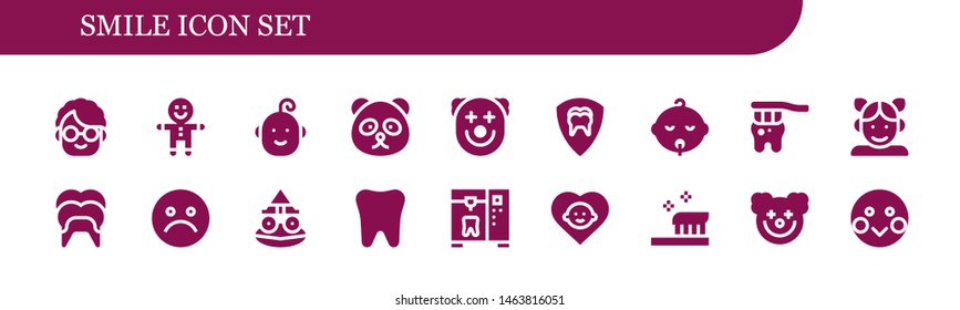 smile icon set. 18 filled smile icons.  Simple modern icons about  - Grandmother, Gingerbread, Baby, Panda bear, Clown, Dental, Tooth, Girl, Unhappy, Toad, Toothbrush, Shy