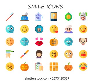 smile icon set. 30 flat smile icons. Included toothbrush, dog, dental floss, foodie, durian, clown, scare, happy, kiss, grandmother, satisfied, happiness, angry, pumpkin icons