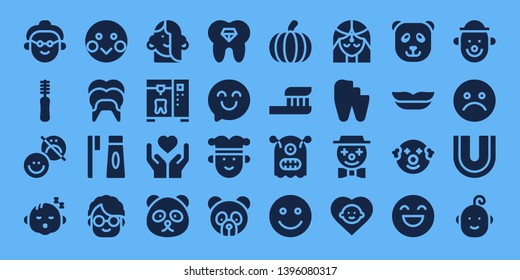 smile icon set. 32 filled smile icons. on blue background style Collection Of - Grandmother, Floss, Happiness, Baby, Shy, Dental, Toothbrush, Girl, Tooth, Emotion, Panda bear