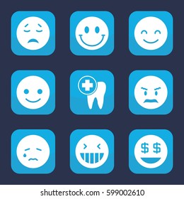 smile icon. Set of 9 filled smile icons such as smiling emot, laughing emot, dollar smiley, dental care