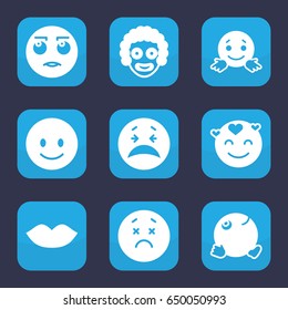 Smile icon. set of 9 filled smile icons such as lips, smiling emot, crying emot, dancing emoji