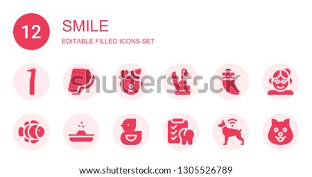 smile icon set. Collection of 12 filled smile icons included Dentist, Paypal, Clown, Dentist chair, Teeth, Clown fish, Poop, Ducky, Dental, Dog, Grandmother