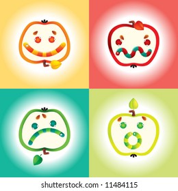 Smile Icon Set with Stylized Worms and Apples