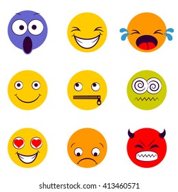 Smile icon. Smiley faces expressing different feelings. Color face icons. Vector illustration