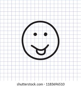 Smile icon with stuck out tongue on the exercise book background. Hand drawn face symbol. Smiley. Vector illustration.