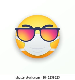 Smile icon template in medical mask and colorful sunglasses. Emoticon medical mask. Mockup for chat element. Social media concept. COVID-19. Vector illustration. EPS 10