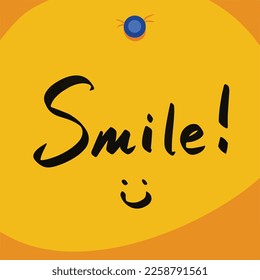 Smile with icon text. Hand written note with black marker on square yellow paper and blue push pins decoration. Cute simple text note to be happy.Paper design.