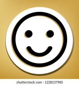 Smile icon. Vector. Black icon with light brown shadow in white circle with shaped ring at golden background.