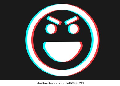 Smile icon Vector illustration in blue red and white colors. Evil joy emoji on dark background. Сharacter for web or card design. Smile icon logo, app, UI.