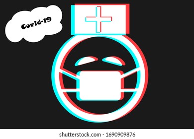 Smile icon Vector illustration in blue red and white colors. Emoji on dark background. Сharacter for web or card design. Smile icon logo, app, UI.