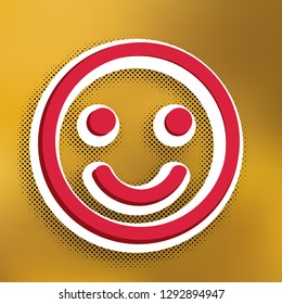 Smile icon. Vector. Magenta icon with darker shadow, white sticker and black popart shadow on golden background.