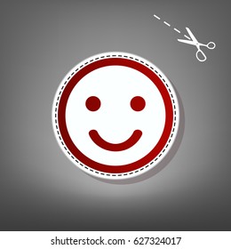 Smile icon. Vector. Red icon with for applique from paper with shadow on gray background with scissors.