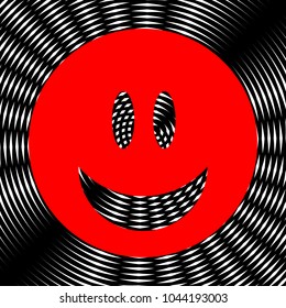 Smile Icon. Vector. Red icon on white and black radial interference as background.