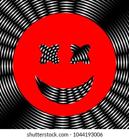 Smile Icon. Vector. Red icon on white and black radial interference as background.