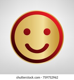 Smile icon. Vector. Red icon on gold sticker at light gray background.