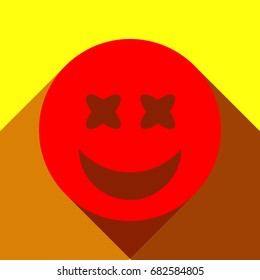 Smile Icon. Vector. Red icon with two flat reddish shadows on yellow background.