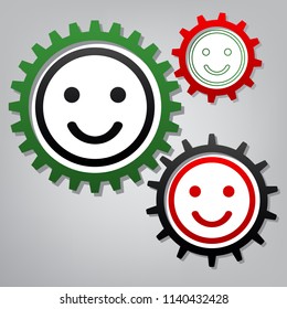 Smile icon. Vector. Three connected gears with icons at grayish background.