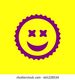 Smile Icon. Vector. Violet label with hole as icon on yellow background.