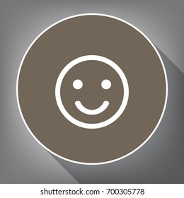 Smile icon. Vector. White icon on brown circle with white contour and long shadow at gray background. Like top view on postament.