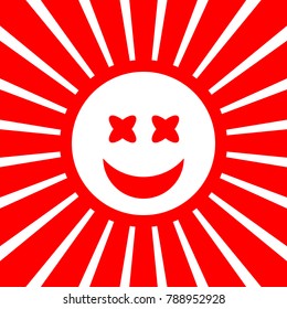 Smile Icon. Vector. White icon on red sun with rays as background. Isolated.