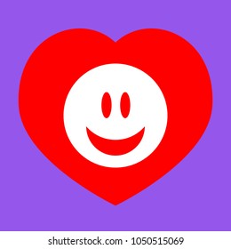 Smile Icon. Vector. White icon in red heart at lavender background.