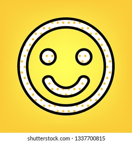 Smile icon. Vector. Yellow polka dot white icon with black contour at warm yellow background.