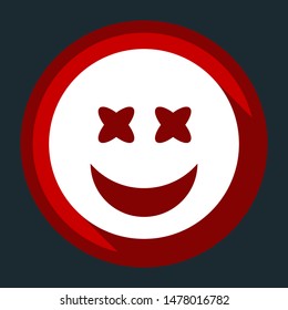 Smile Icon. White icon with shadow on round red button at dark cyan background. Illustration.