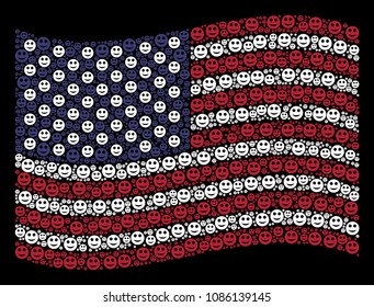 Smile icons are arranged into waving USA flag stylization on a dark background. Vector composition of America state flag is formed with smile elements. Designed for political and patriotic propaganda.