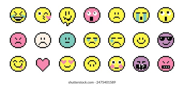 Smile icons collection. Set of emoticons pixel art. Emoji pixelated icon pack. Various faces. Pixels Y2k trendy playful emoticon stickers. 8-bit retro style vector illustration for social media