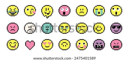 Smile icons collection. Set of emoticons pixel art. Emoji pixelated icon pack. Various faces. Pixels Y2k trendy playful emoticon stickers. 8-bit retro style vector illustration for social media