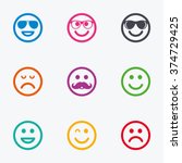 Smile icons. Happy, sad and wink faces signs. Sunglasses, mustache and laughing lol smiley symbols. Flat colored graphic icons.