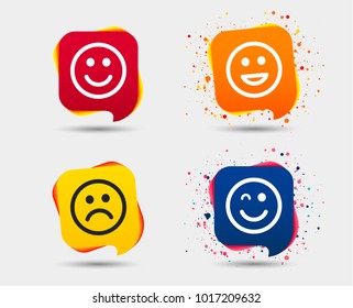 Smile icons. Happy, sad and wink faces symbol. Laughing lol smiley signs. Speech bubbles or chat symbols. Colored elements. Vector