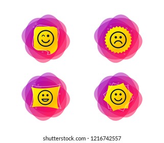 Smile icons. Happy, sad and wink faces symbol. Laughing lol smiley signs. Geometric gradient sales shapes. Creative banners. Template for design. Vector