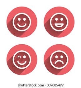 Smile icons. Happy, sad and wink faces symbol. Laughing lol smiley signs. Pink circles flat buttons with shadow. Vector