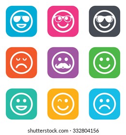 Smile icons. Happy, sad and wink faces signs. Sunglasses, mustache and laughing lol smiley symbols. Flat square buttons. Vector