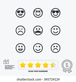 Smile icons. Happy, sad and wink faces signs. Sunglasses, mustache and laughing lol smiley symbols. Star vote ranking. Award achievement and quotes.