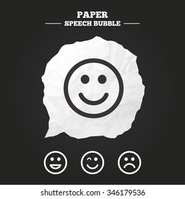 Smile icons. Happy, sad and wink faces symbol. Laughing lol smiley signs. Paper speech bubble with icon.