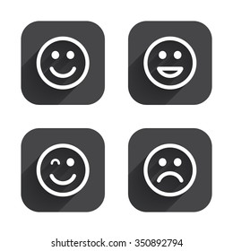 Smile icons. Happy, sad and wink faces symbol. Laughing lol smiley signs. Square flat buttons with long shadow.