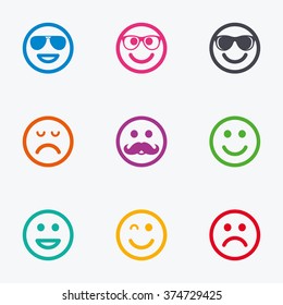 Smile icons. Happy, sad and wink faces signs. Sunglasses, mustache and laughing lol smiley symbols. Flat colored graphic icons.