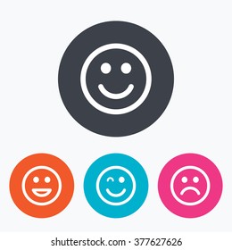 Smile icons. Happy, sad and wink faces symbol. Laughing lol smiley signs. Circle flat buttons with icon.